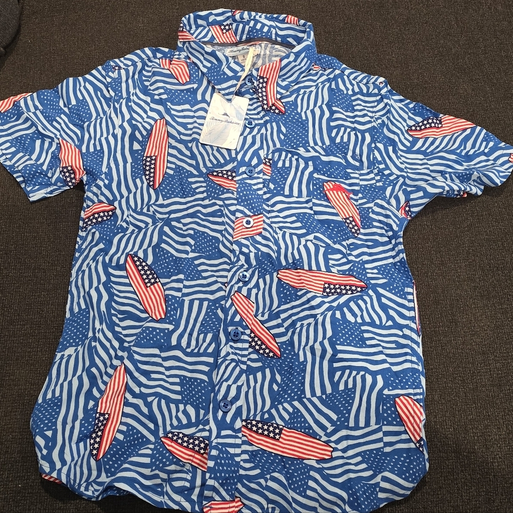 Tommy Bahama Kids Blue and Red Surfboard Shirt